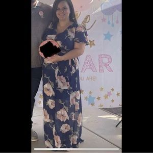 Short sleeve navy dress with pink flowers High slit